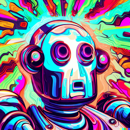 Mind blown Image - A painging of a surprised robot face seemingly having a wild experience, with colourful psychedelic background in the background.