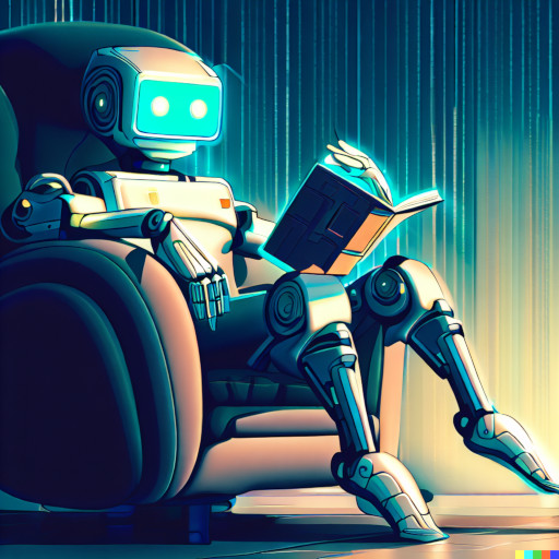 Reading image - A picture of a robot lounging on a lazy chair, reading a book.