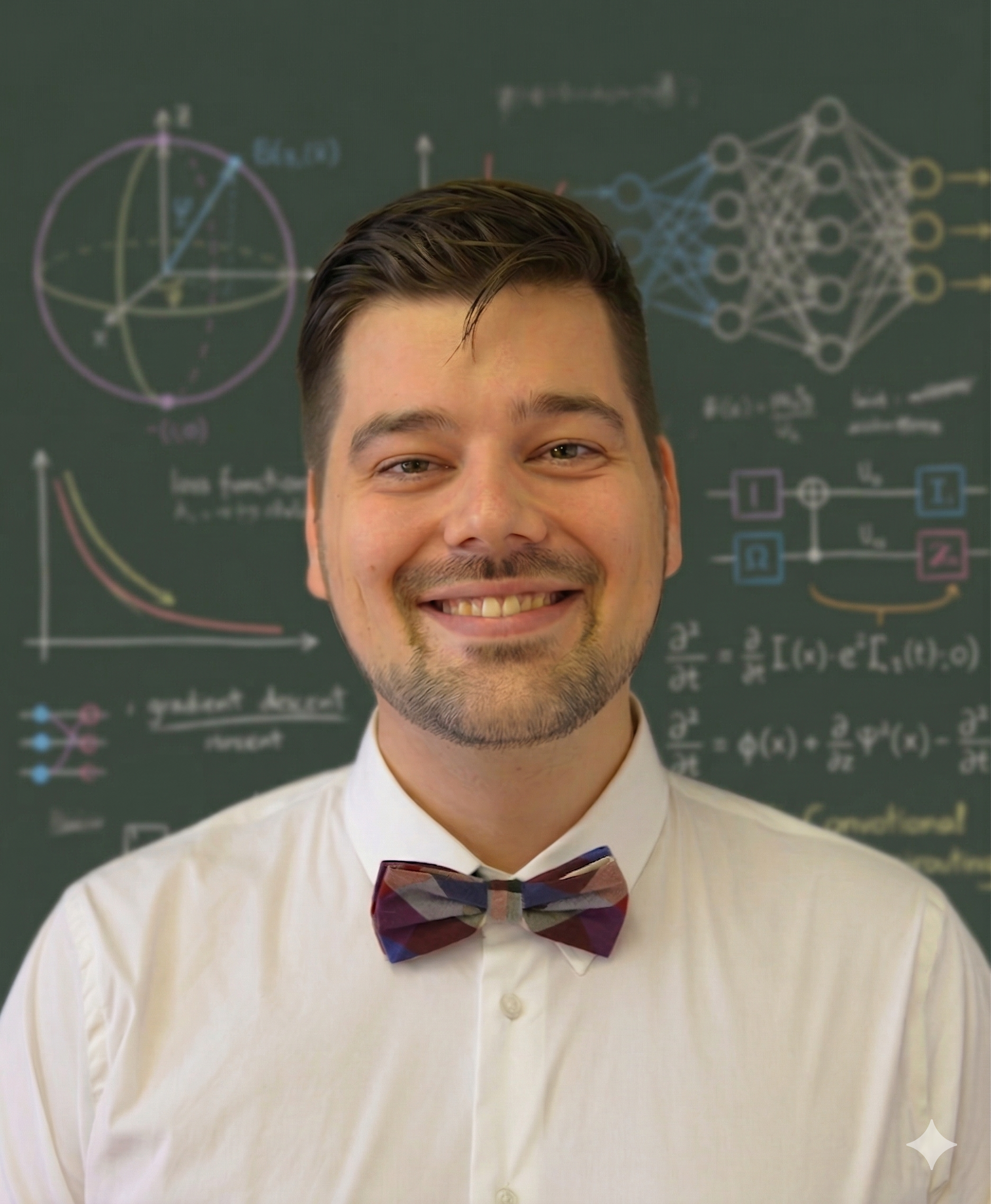 Rami Luisto smiling in front of a blackboard with some colorful pictures.