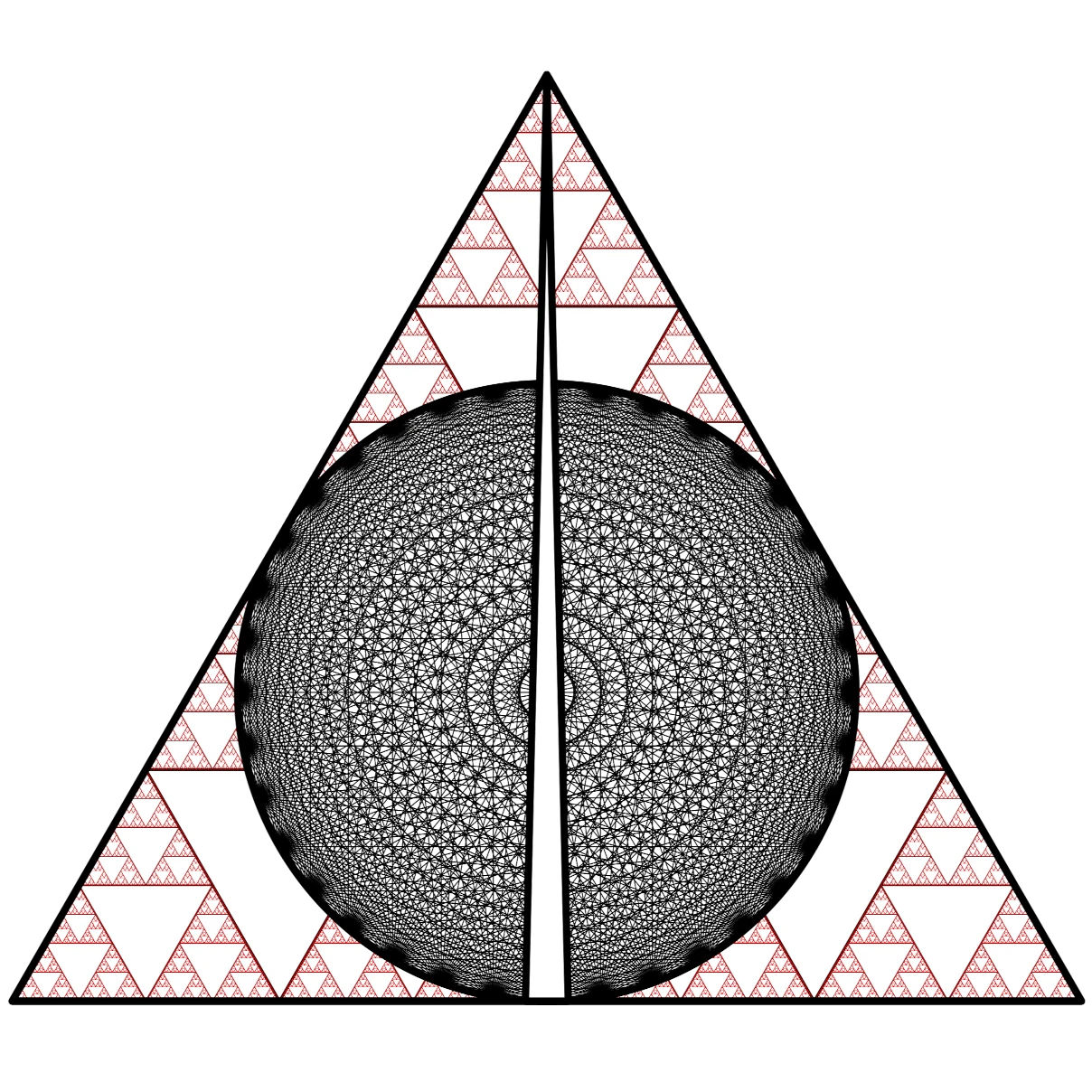 A decorative fractal-ish picture. The base is a sort of Sierpinski triangle, on top of which we have a mandala-looking disk and on top of that a very narrow white triangle.